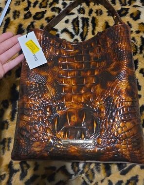 Brahmin Amber Brown Croc-Embossed Leather Shoulder Bag